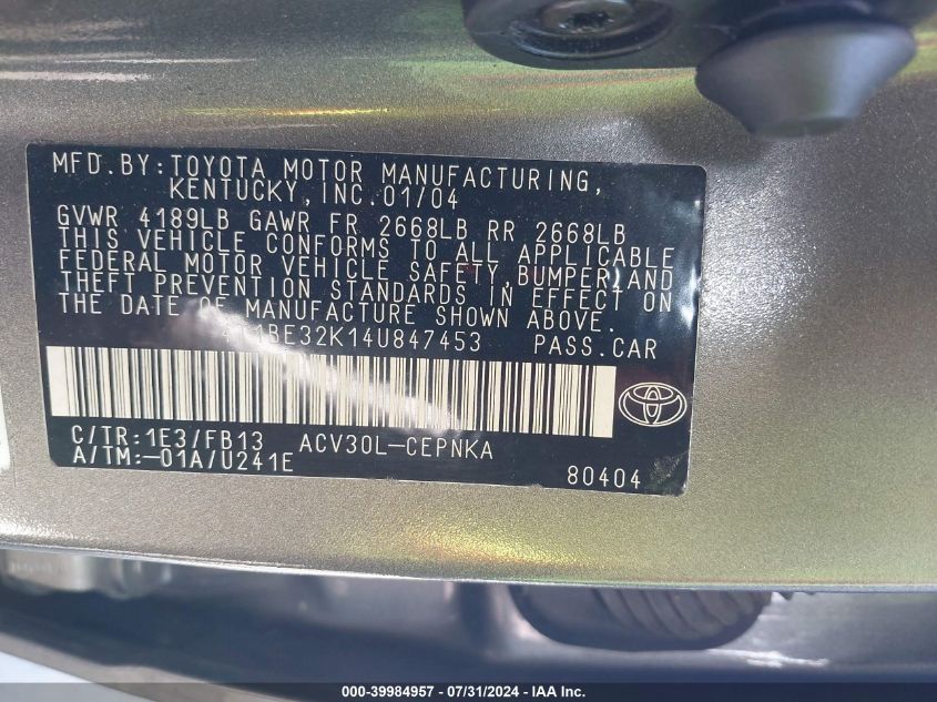 2004 Toyota Camry Le VIN: 4T1BE32K14U847453 Lot: 39984957