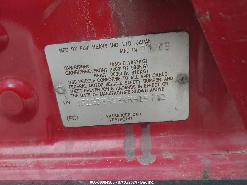 2004 Subaru Impreza Wrx VIN: JF1GD29624H515472 Lot: 39984985