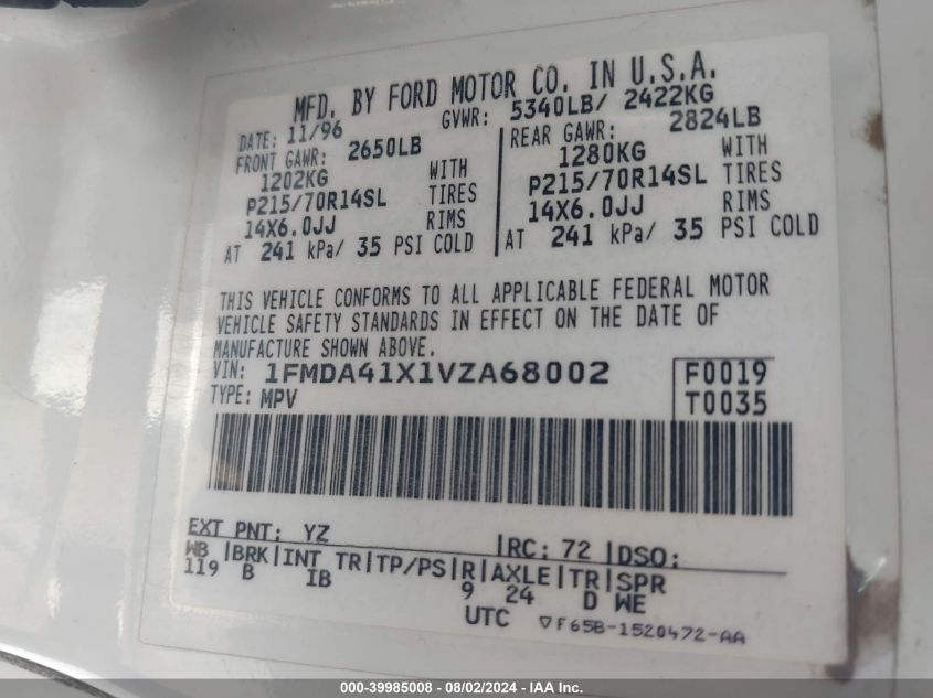 1997 Ford Aerostar Xlt VIN: 1FMDA41X1VZA68002 Lot: 39985008