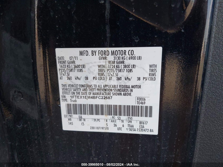 2011 Ford F-150 Xl VIN: 1FTEX1EM4BFC22687 Lot: 39985010