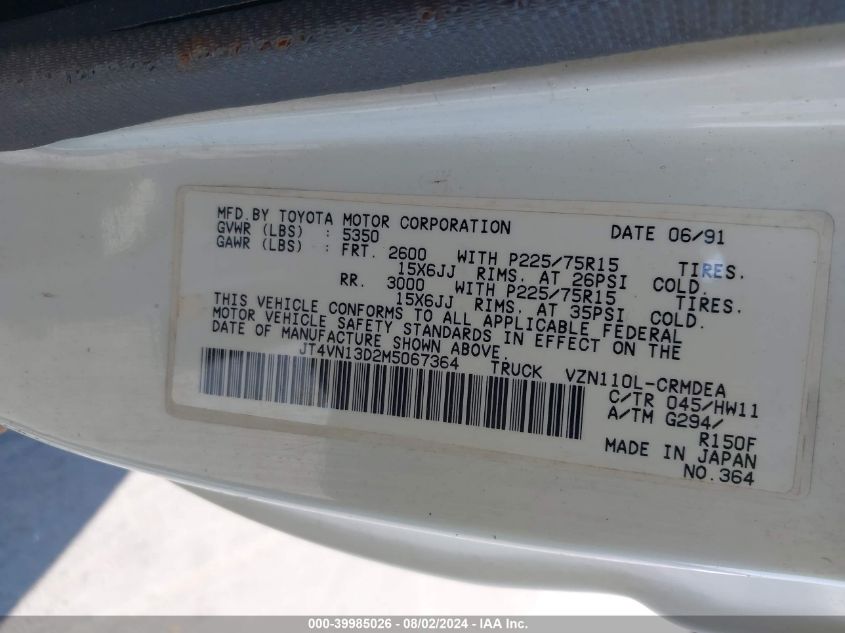 1991 Toyota Pickup 1/2 Ton Ex Lng Whlbse Dlx VIN: JT4VN13D2M5067364 Lot: 39985026