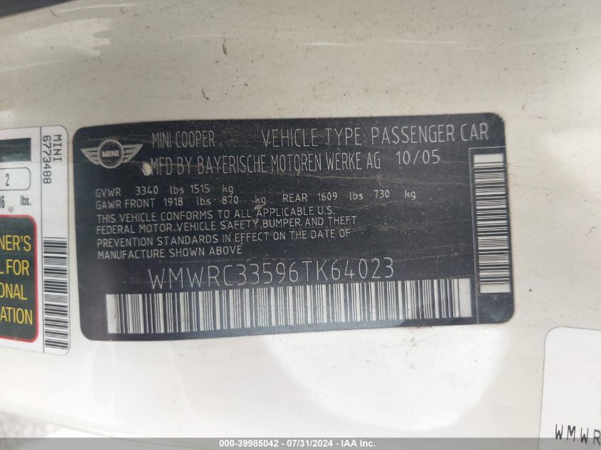 2006 Mini Cooper VIN: WMWRC33596TK64023 Lot: 39985042