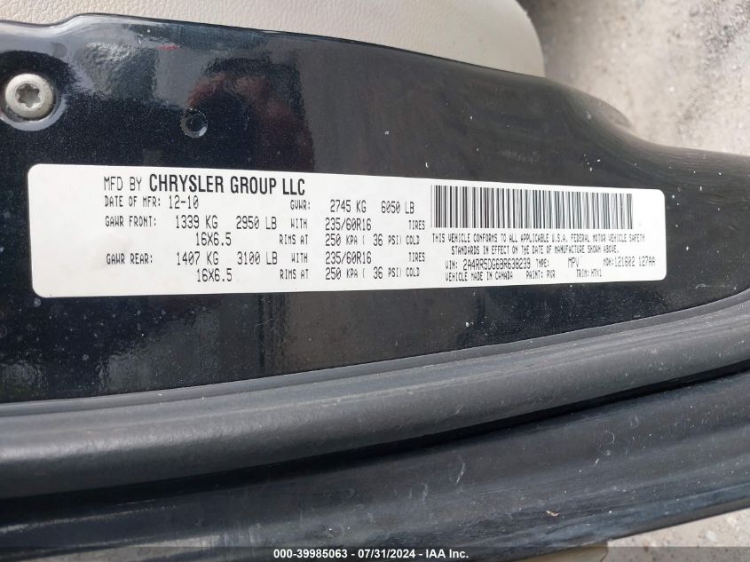 2011 Chrysler Town & Country Touring VIN: 2A4RR5DG6BR638239 Lot: 39985063