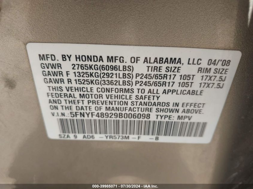 2009 Honda Pilot Touring VIN: 5FNYF48929B006098 Lot: 39985071