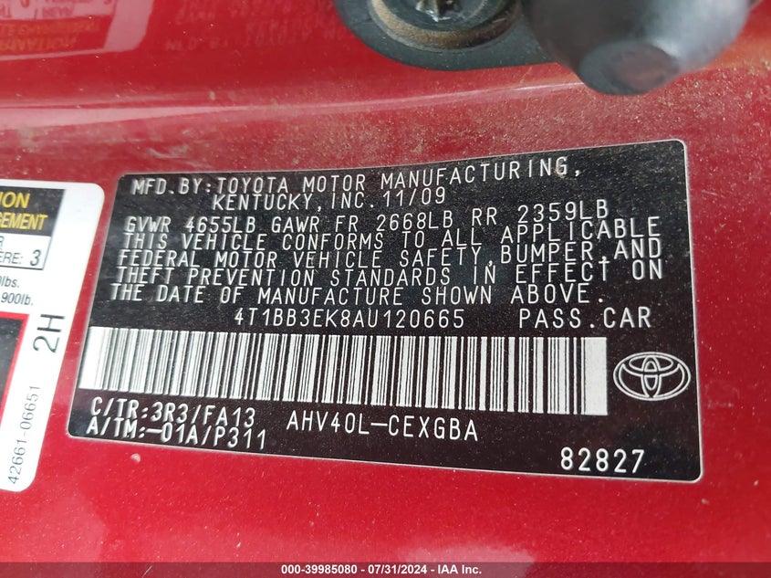 2010 Toyota Camry Hybrid VIN: 4T1BB3EK8AU120665 Lot: 39985080