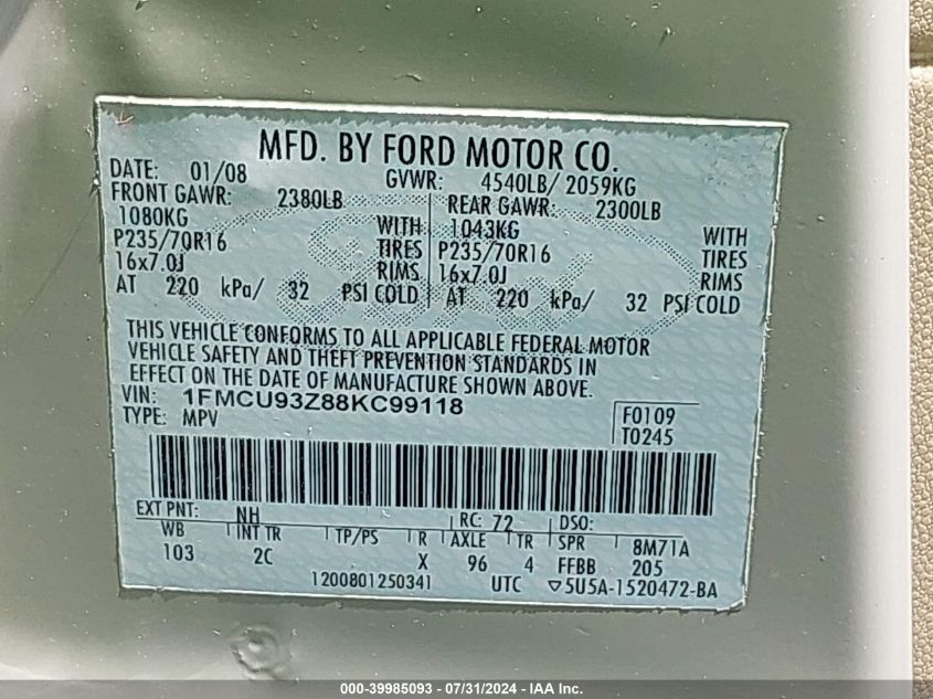 2008 Ford Escape Xlt VIN: 1FMCU93Z88KC99118 Lot: 39985093