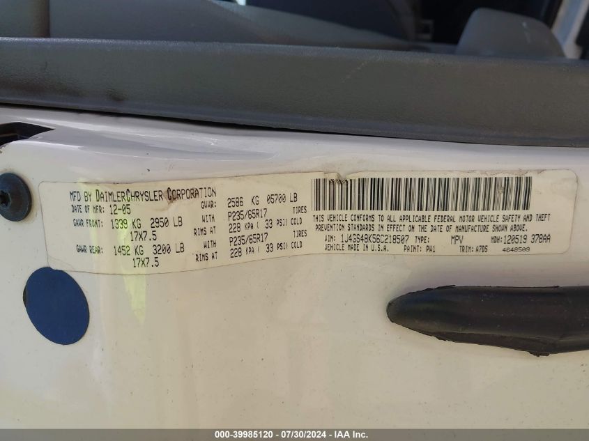 2006 Jeep Grand Cherokee Laredo VIN: 1J4GS48K56C218507 Lot: 39985120