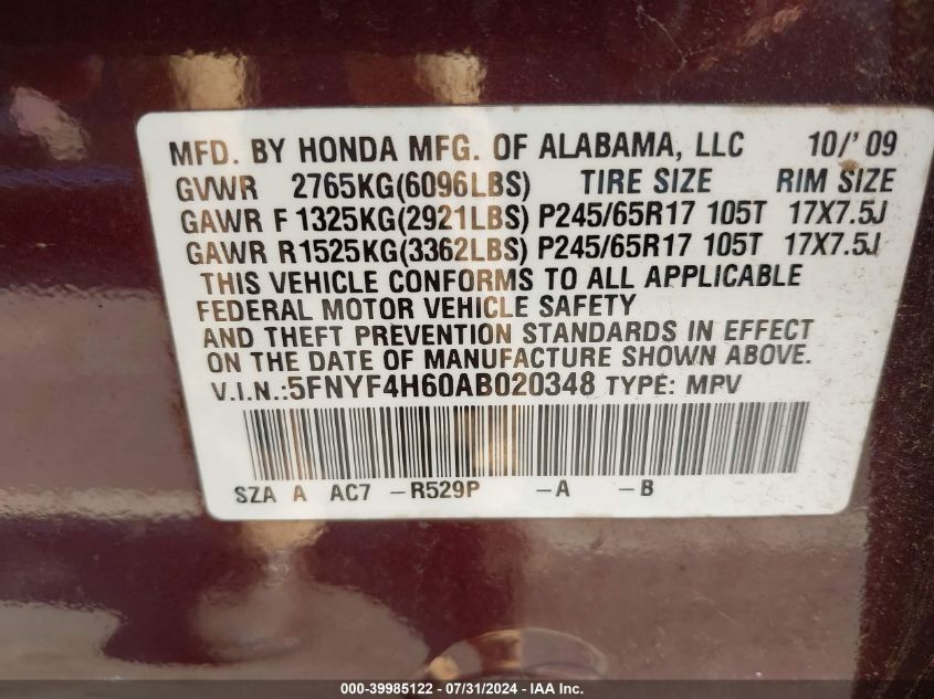 2010 Honda Pilot Ex-L VIN: 5FNYF4H60AB020348 Lot: 39985122