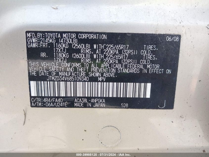 2008 Toyota Rav4 Limited VIN: JTMZD34V685109340 Lot: 39985125