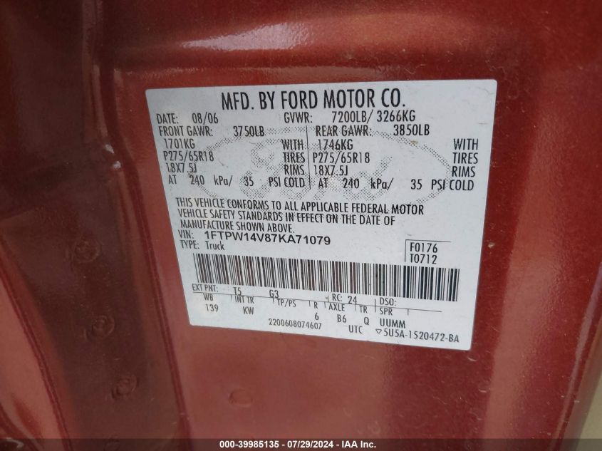 2007 Ford F-150 Fx4/King Ranch/Lariat/Xlt VIN: 1FTPW14V87KA71079 Lot: 39985135