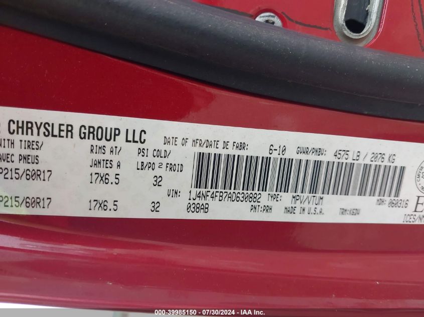 2010 Jeep Compass Sport/North VIN: 1J4NF4FB7AD630882 Lot: 39985150