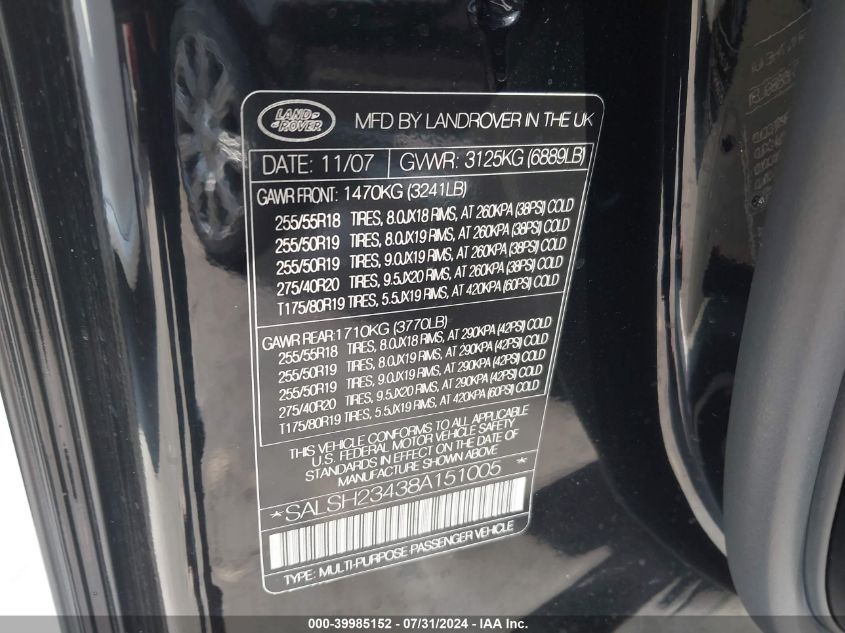 2008 Land Rover Range Rover Sport Supercharged VIN: SALSH23438A151005 Lot: 39985152