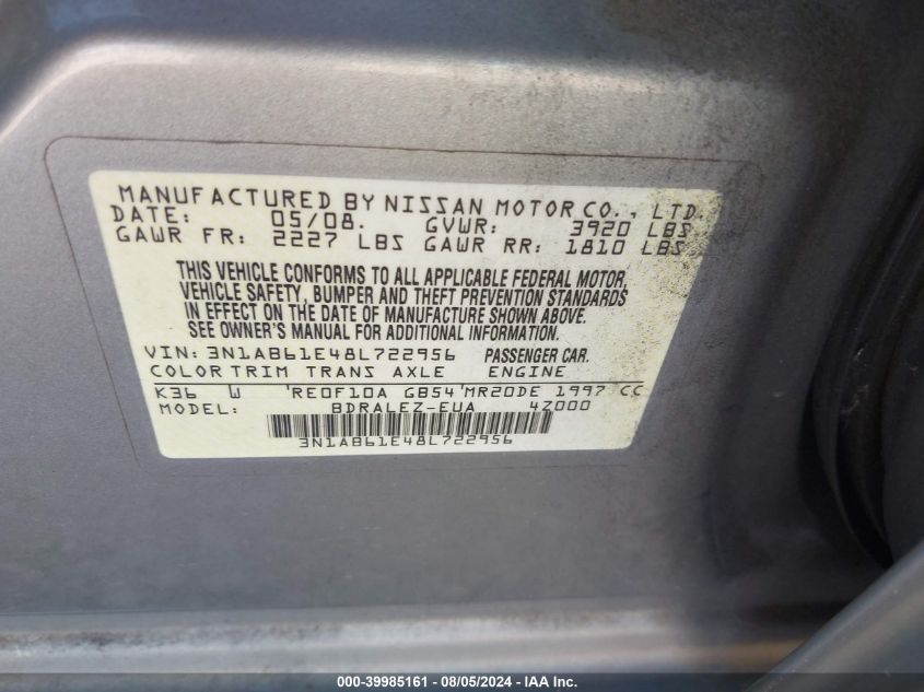 2008 Nissan Sentra 2.0 S VIN: 3N1AB61E48L722956 Lot: 39985161