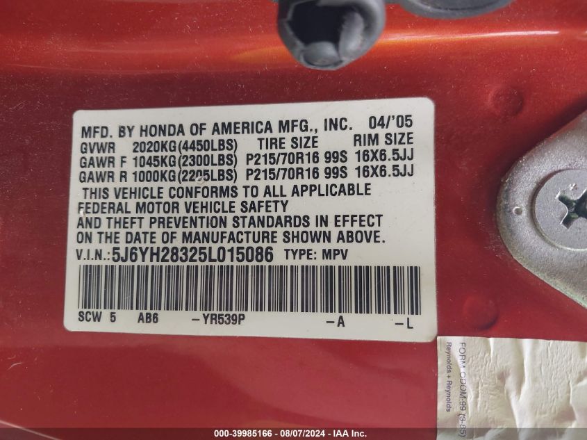 2005 Honda Element Lx VIN: 5J6YH28325L015086 Lot: 39985166