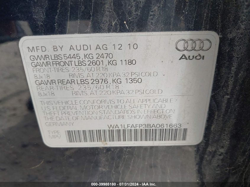 2011 Audi Q5 2.0T Premium VIN: WA1LFAFP3BA061663 Lot: 39985180