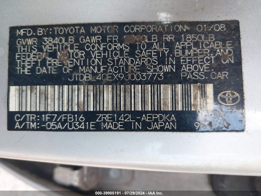 2009 Toyota Corolla Le VIN: JTDBL40EX9J003773 Lot: 39985191
