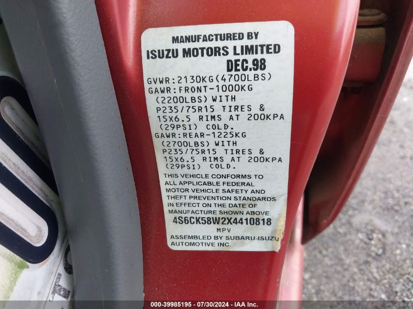 1999 Honda Passport Ex/Lx VIN: 4S6CK58W2X4410818 Lot: 39985195
