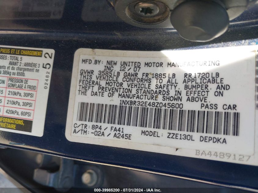 2008 Toyota Corolla Ce VIN: 1NXBR32E48Z045600 Lot: 39985200