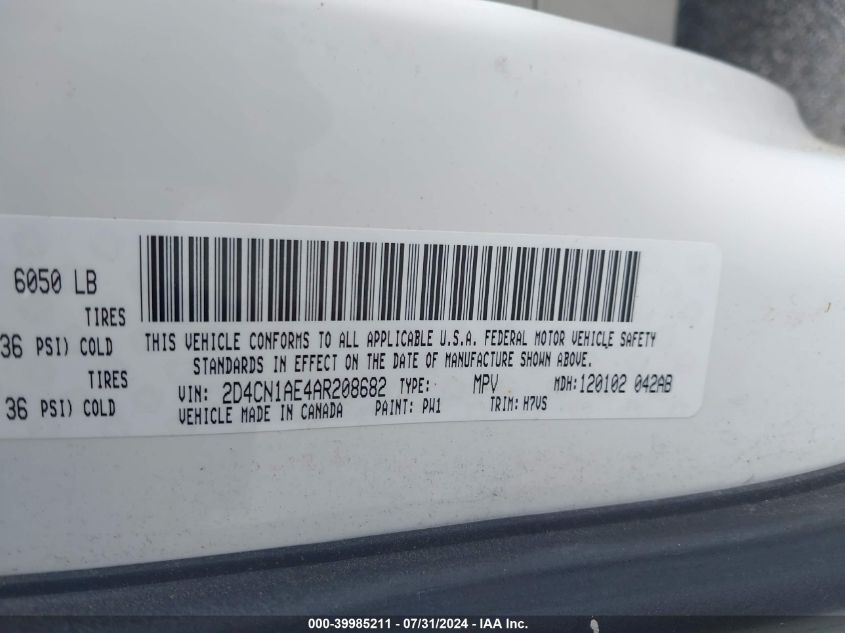 2010 Dodge Grand Caravan C/V VIN: 2D4CN1AE4AR208682 Lot: 39985211