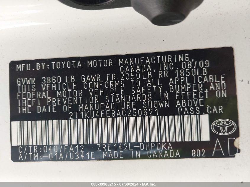 2010 Toyota Matrix VIN: 2T1KU4EE8AC250621 Lot: 39985215