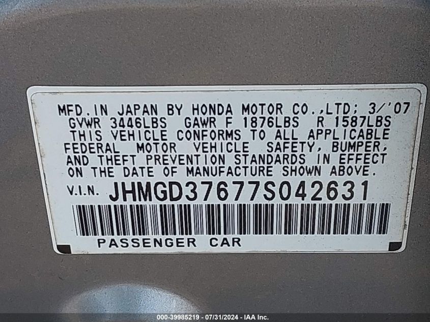 2007 Honda Fit Sport VIN: JHMGD37677S042631 Lot: 39985219