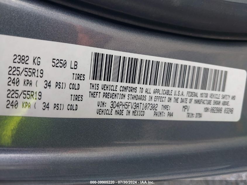 2010 Dodge Journey Sxt VIN: 3D4PH5FV3AT107302 Lot: 39985220