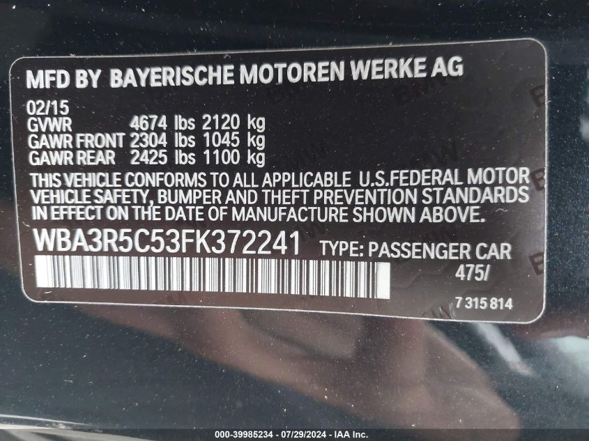 2015 BMW 435I xDrive VIN: WBA3R5C53FK372241 Lot: 39985234