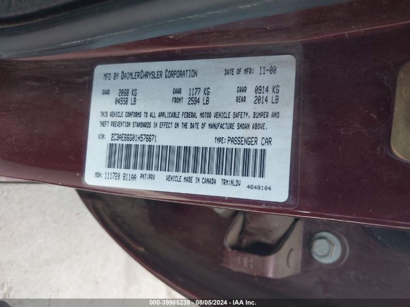 2001 Chrysler 300M VIN: 2C3AE66G01H576671 Lot: 39985239