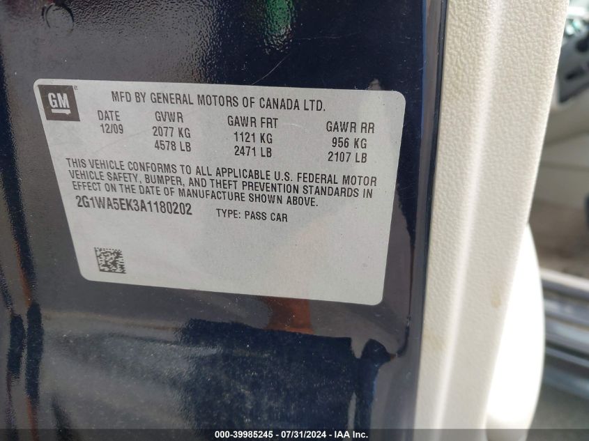 2010 Chevrolet Impala Ls VIN: 2G1WA5EK3A1180202 Lot: 39985245