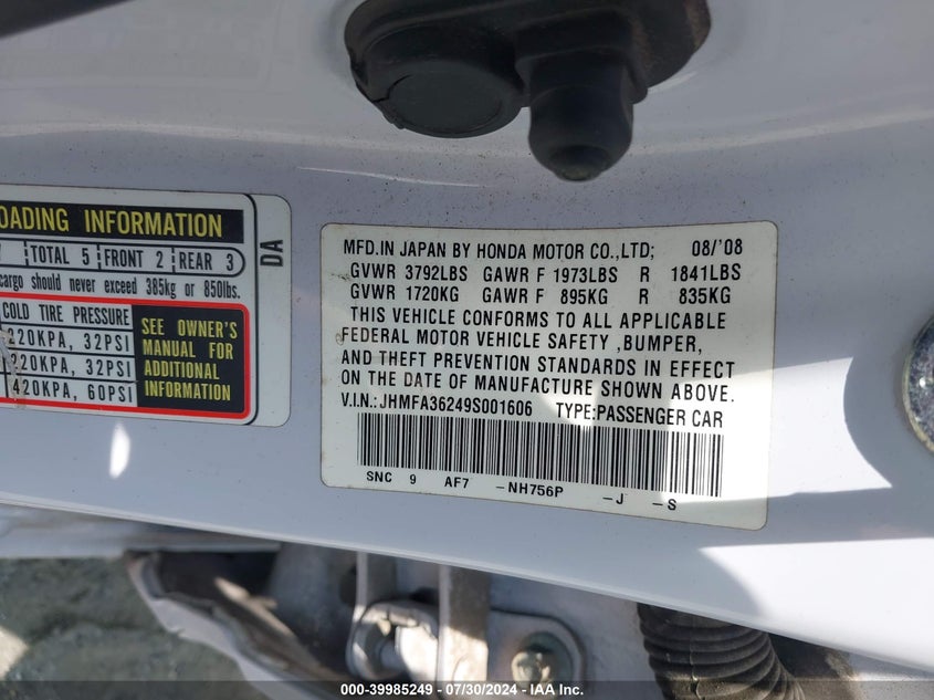 2009 Honda Civic Hybrid VIN: JHMFA36249S001606 Lot: 39985249
