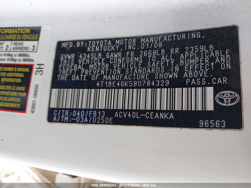 2008 Toyota Camry Le VIN: 4T1BE46K58U784329 Lot: 39985252