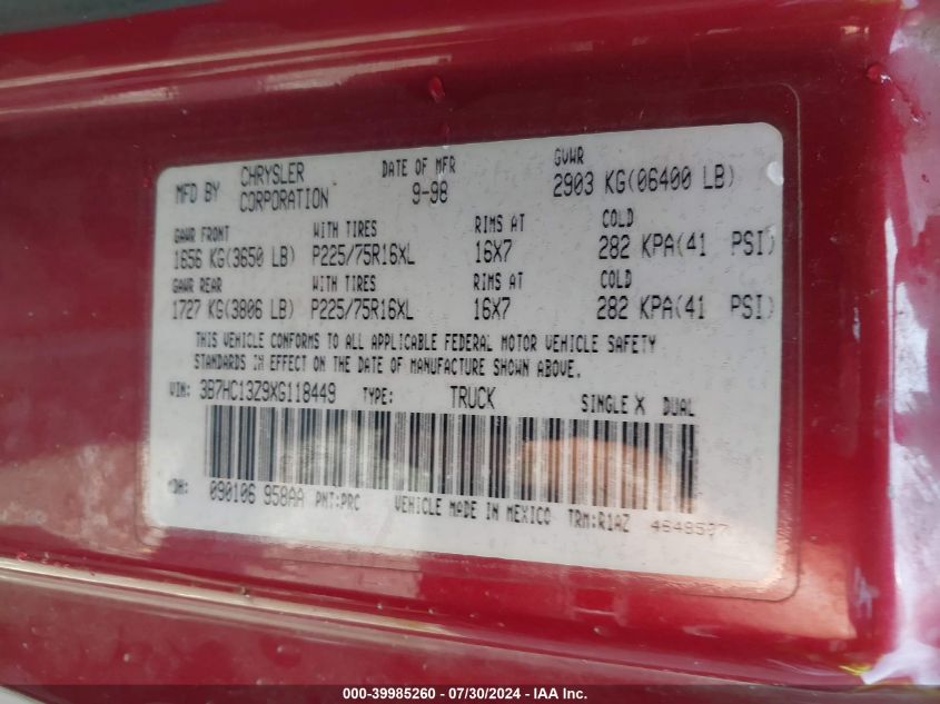 1999 Dodge Ram 1500 St VIN: 3B7HC13Z9XG118449 Lot: 39985260