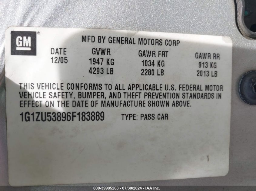 2006 Chevrolet Malibu Ltz VIN: 1G1ZU53896F183889 Lot: 39985263