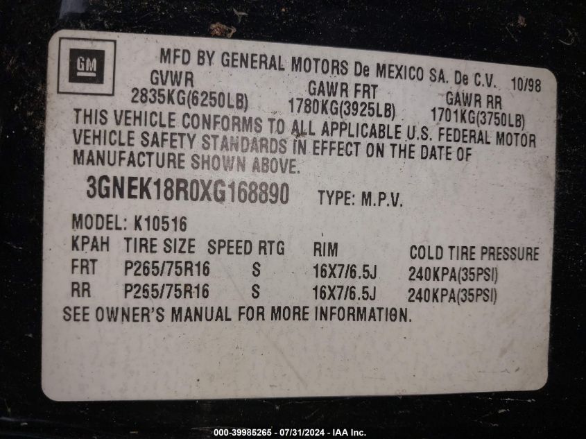 1999 Chevrolet Tahoe VIN: 3GNEK18R0XG168890 Lot: 39985265