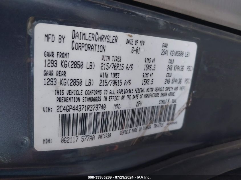 2001 Chrysler Town & Country Lx VIN: 2C4GP44371R379740 Lot: 39985269