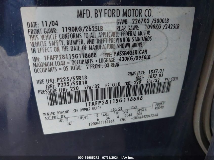 2005 Ford Five Hundred Limited VIN: 1FAFP28115G118688 Lot: 39985272