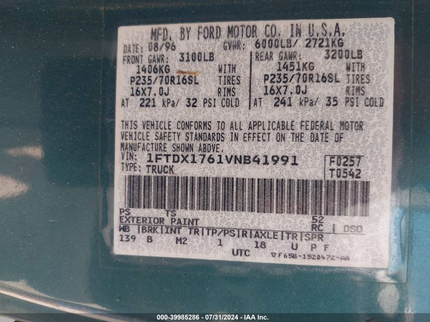 1997 Ford F-150 Lariat/Standard/Xl/Xlt VIN: 1FTDX1761VNB41991 Lot: 39985286