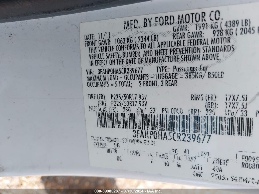 2012 Ford Fusion Se VIN: 3FAHP0HA5CR239677 Lot: 39985287