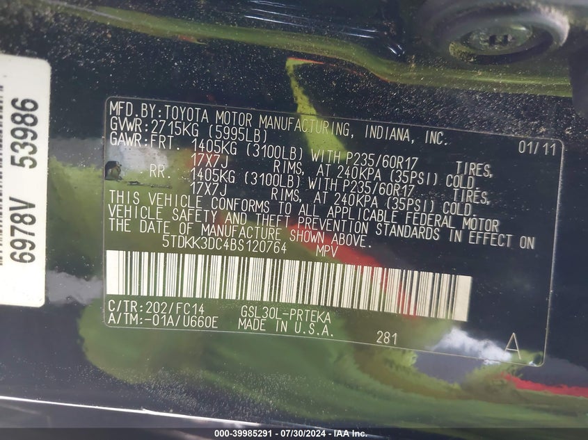 2011 Toyota Sienna Le V6 VIN: 5TDKK3DC4BS120764 Lot: 39985291