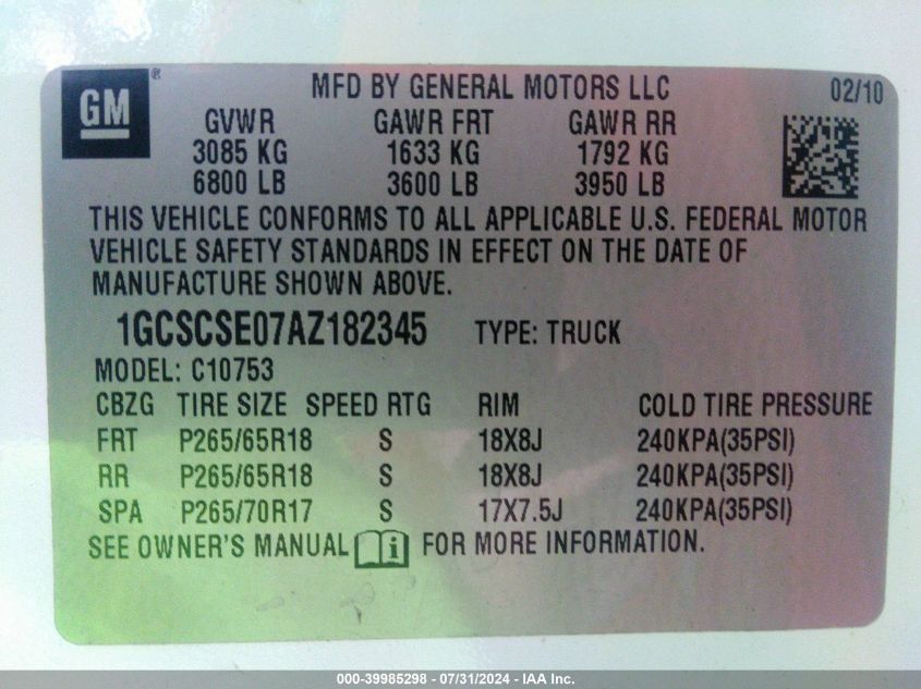 2010 Chevrolet Silverado 1500 Lt VIN: 1GCSCSE07AZ182345 Lot: 39985298