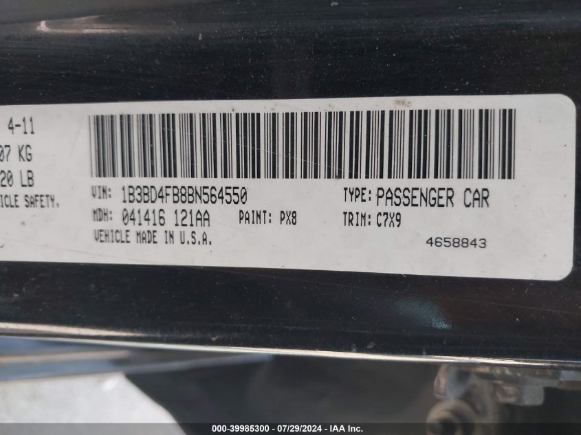 2011 Dodge Avenger Express VIN: 1B3BD4FB8BN564550 Lot: 39985300