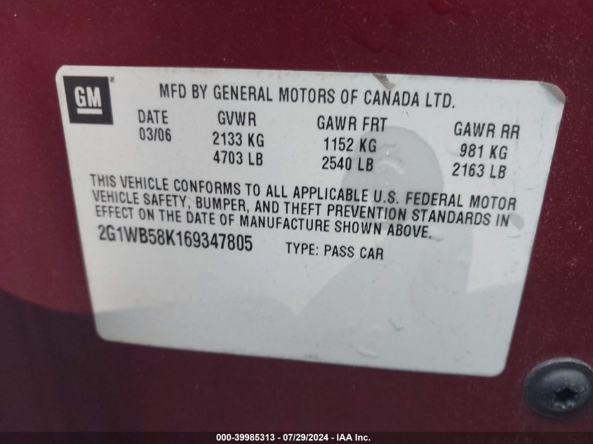 2006 Chevrolet Impala Ls VIN: 2G1WB58K169347805 Lot: 39985313