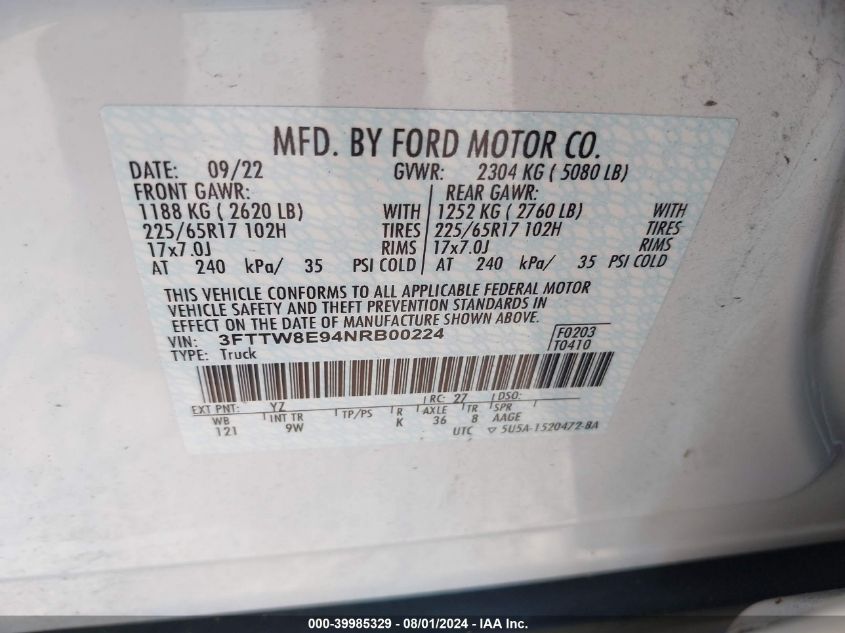 2022 Ford Maverick Xl VIN: 3FTTW8E94NRB00224 Lot: 39985329