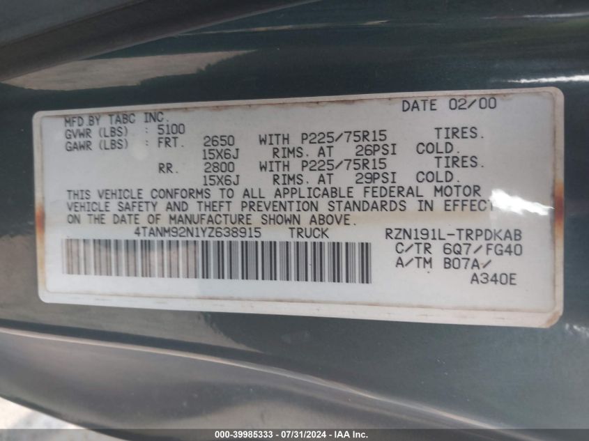 2000 Toyota Tacoma Prerunner VIN: 4TANM92N1YZ638915 Lot: 39985333