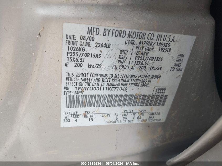 2001 Ford Escape Xlt VIN: 1FMYU03111KE71040 Lot: 39985341