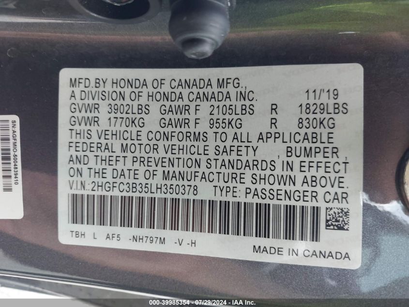 2020 Honda Civic Ex VIN: 2HGFC3B35LH350378 Lot: 39985354