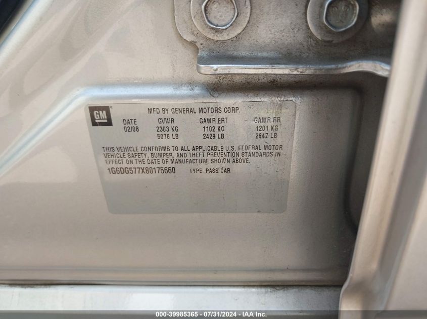 2008 Cadillac Cts Standard VIN: 1G6DG577X80175660 Lot: 39985365
