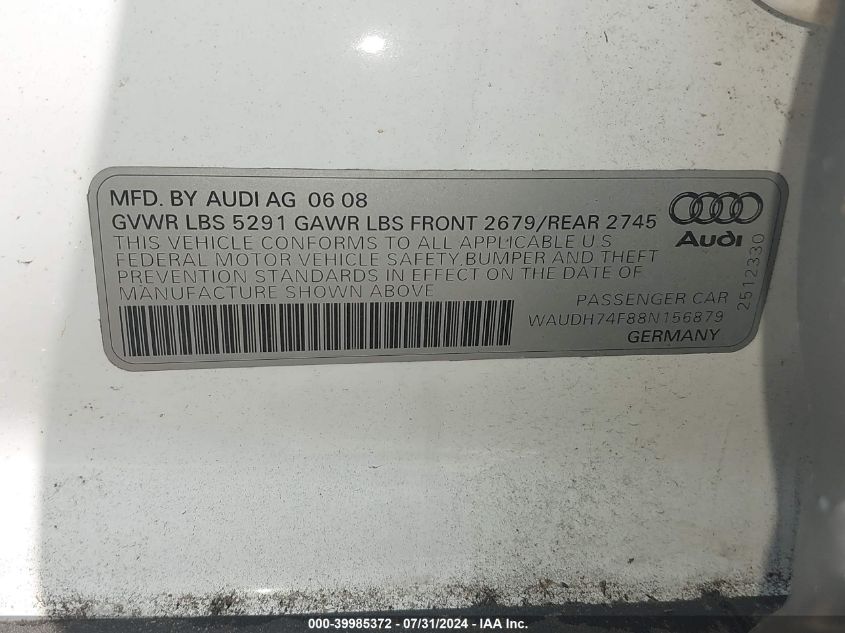 2008 Audi A6 3.2 VIN: WAUDH74F88N156879 Lot: 39985372