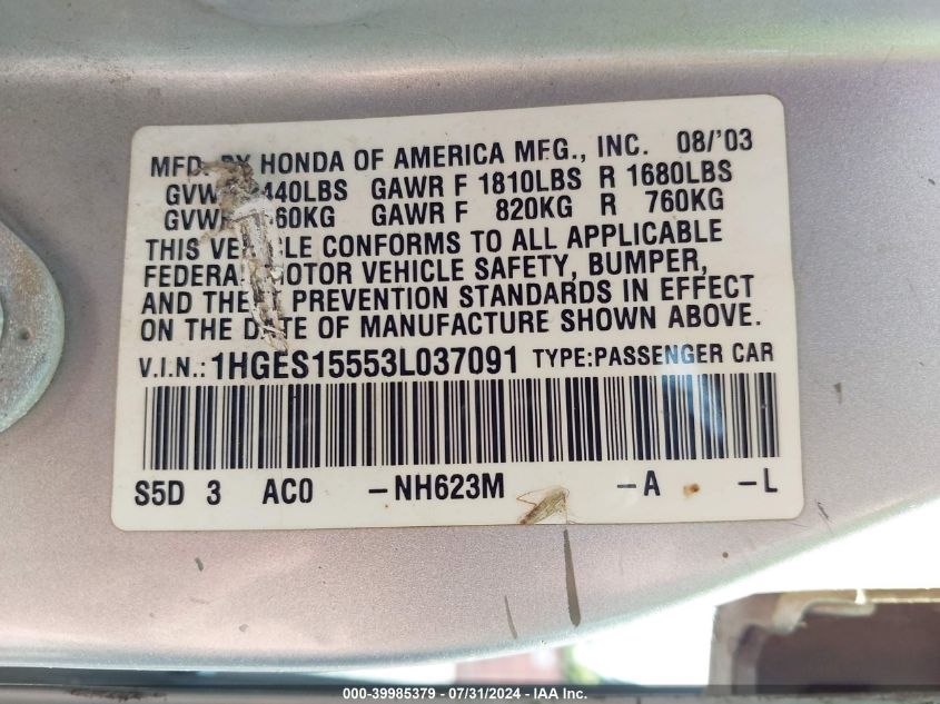 2003 Honda Civic Lx VIN: 1HGES15553L037091 Lot: 39985379
