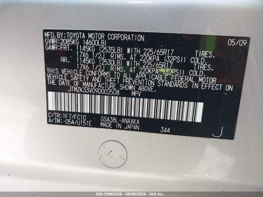 2009 Toyota Rav4 Base V6 VIN: JTMZK33V09D002508 Lot: 39985385